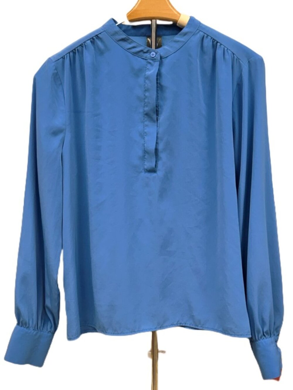 Lightweight Blue Blouse Long Sleeve Office Top Flowy Collared Button Down